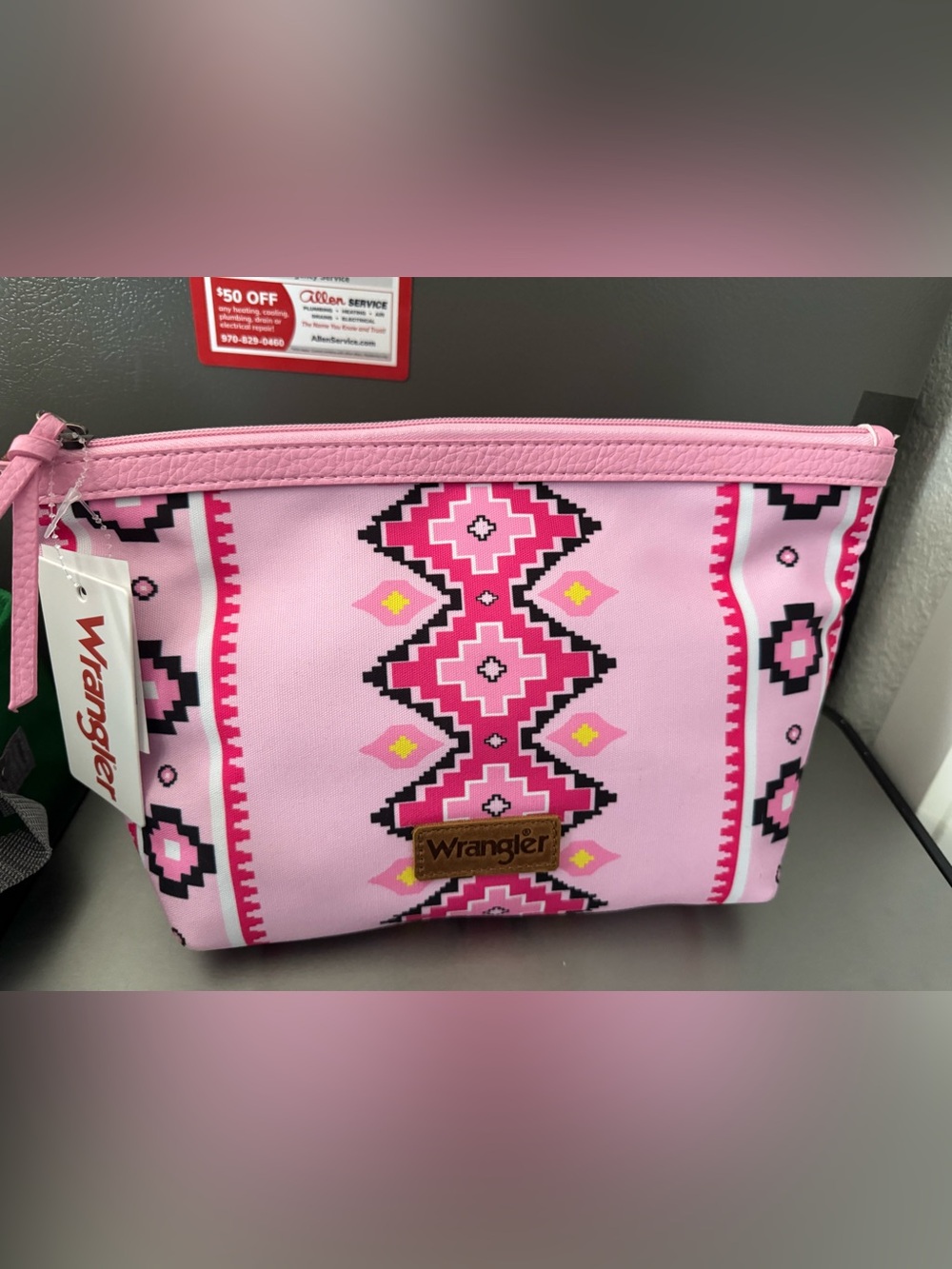 Wrangler Pink Geometric Cosmetic Pouch with Yellow Accents
